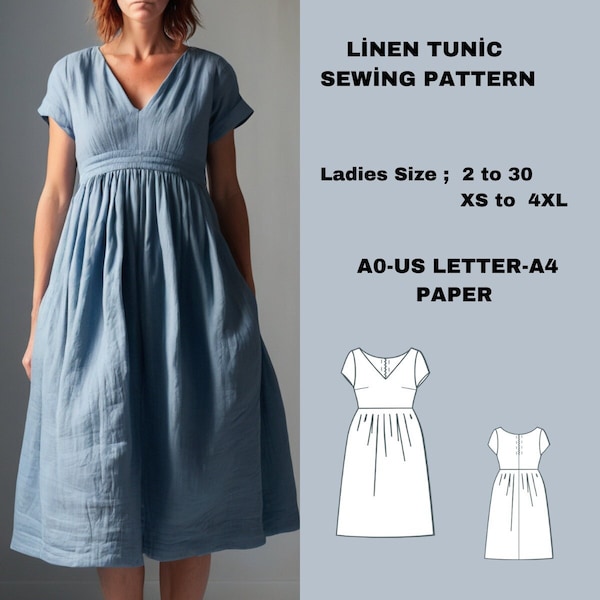 Linen Gathered Dress Sewing Pattern, V Neck dress, Gathered Dress, Overall Dress, Cottagecore dress,US 2 to 30 and XS to 4XL
