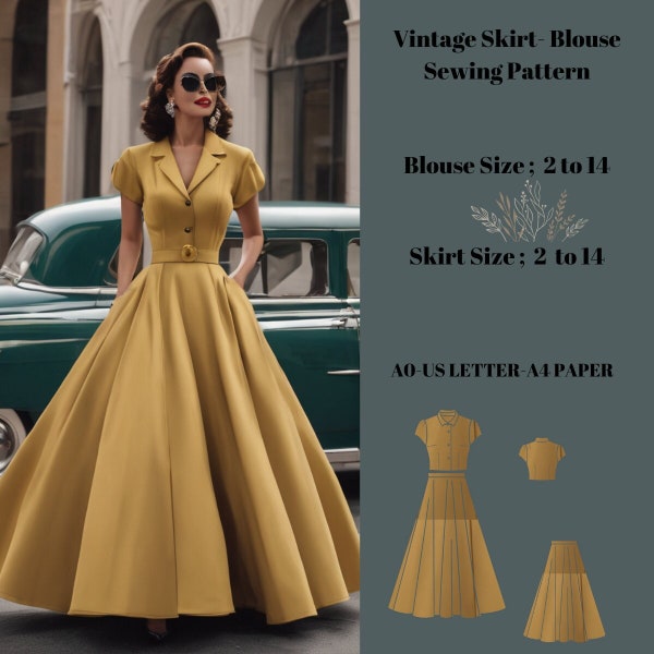 1950's vintage style  Skirt and Blouse Sewing Pattern, cocktail Skirt- Blouse, PDF Instant Download Vintage Sewing Pattern,