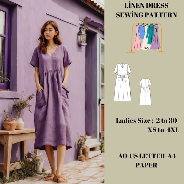 linen dress with pockets and buttons Sewing Pattern,Ladies Size ; US 2 to 30, A0 -A4 -US Letter