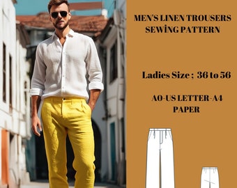 Summer men's linen trousers Sewing Pattern,Ladies Size ; US 36 to 56, A0 -A4 -US Letter