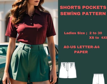 two pleated wide-leg mini shorts, Shorts Sewing Pattern US 2 to 30 | XS to4XL