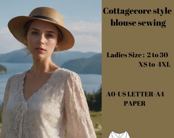 Cottagecore style blouse, Ladies Size ; US 2 to 30, A0 -A4 -US Letter