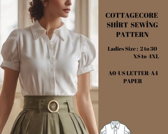 Cottagecore style  Shirt Sewing Pattern Sizes; US 2 to 30-Suitable for -A4-US LETTER-A0