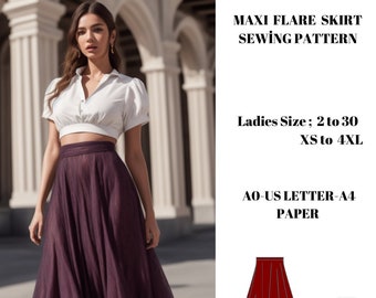 Maxi flare Skirt Sewing Pattern,Ladies Size ; US 2 to 30, A0 -A4 -US Letter