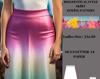 Holi festival style  Midi skirt Sewing Pattern Sizes; US 2 to 30-Suitable for -A4-US LETTER-A0