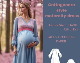 Cottagecore Maternity Gown Dress Sewing Pattern,Ladies Sizes ; US 2 to 30-Xs to4 XL ,Formatted A0, A4 ,US Letter Paper.