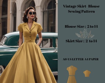 1950's vintage style  Skirt and Blouse Sewing Pattern, cocktail Skirt- Blouse, PDF Instant Download Vintage Sewing Pattern,