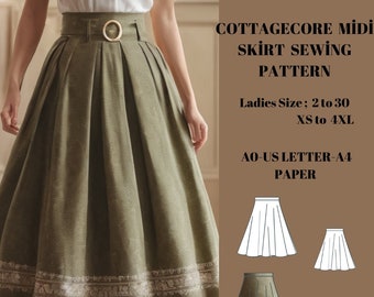 Cottagecore style Midi Rock Schnittmuster Größen; US 2 bis 30-Geeignet für -A4-US LETTER-A0