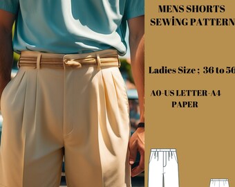 Mens Shorts Sewing Pattern,Ladies Size ; US 36 to 56, A0 -A4 -US Letter