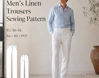 Könnte beinhalten: Ein Schnittmuster für Leinenhosen. Das Bild zeigt einen Mann, der ein hellblaues Leinenhemd und eine weiße Leinenhose trägt. Der Text auf dem Bild lautet "Men's Linen Trousers Sewing Pattern" und "EU 36-56".