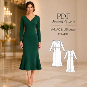 K&ouml;nnte beinhalten: Eine Frau tr&auml;gt ein smaragdgr&uuml;nes Kleid mit langen &Auml;rmeln, V-Ausschnitt und ausgestelltem Rock. Das Kleid wird mit nudefarbenen Abs&auml;tzen getragen. Das Bild zeigt auch ein PDF-Schnittmuster mit dem Text "PDF Sewing Pattern" und Gr&ouml;&szlig;enangaben.