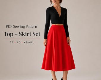 May include: A woman wearing a black long-sleeve crop top with a deep V-neck and a bright red midi skirt. The text on the left says "PDF Sewing Pattern Top + Skirt Set" with size options.