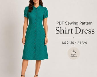 Button Front Shirt Dress Sewing Pattern, Puff Sleeve Collared Midi PDF, 2-30 A4/A0