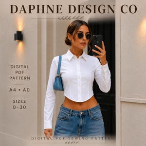 Cropped Shirt Sewing Pattern PDF, Fitted Button Up Blouse, US 0-30