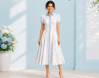 Midi Shirt Dress Sewing Pattern, Button Front, Sizes 2-30 (PDF Pattern)