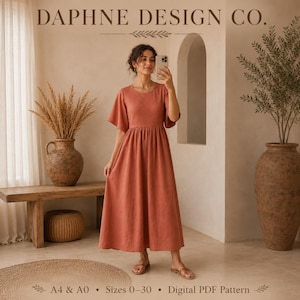 Patron de couture PDF pour robe midi bohème | Manches papillon, taille froncée | Tailles US 0 à 30