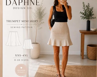 May include: A sewing pattern for a trumpet mini skirt by Daphne Design Co. The text includes 'TRUMPET MINI SKIRT', 'SEWING PATTERN', 'XXS-4XL', and '0-30 SIZES'. A line drawing of the skirt is shown alongside a beige mini skirt with a flared hem.