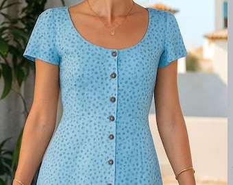 Vintage Buttoned Summer Dress Sewing Pattern, PDF Instant Download Casual Midi Cocktail Dress Design