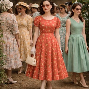 Robe fleurie inspirée des années 50 - Look de soirée costume vintage à manches bouffantes rétro