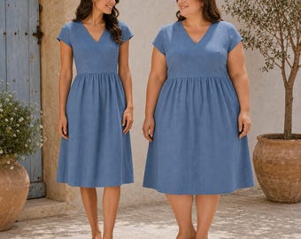Mönster för linneklänning med v-ringning i cottagecore-modell (US 2-30, XS-4XL) (digital nedladdning)