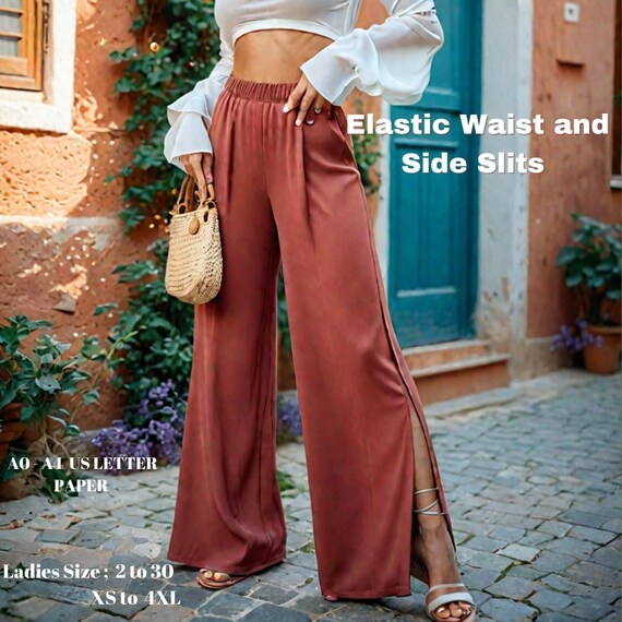 Women's Palazzo Trousers Sewing Pattern: Elastic Waist, Side Slits (PDF Pattern)