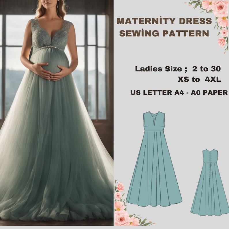 Maternity Gown Dress Sewing Pattern,Ladies Sizes US 2 to 30-Xs to4 XL ,Formatted A0, A4 ,US Letter Paper. image 1