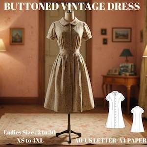 Mönster för sömnad av sommarklänning med knappar i vintagestil, PDF direktnedladdning, design för cocktailklänning i midi-stil