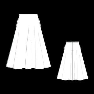 May include: A white skirt with a flared silhouette. The skirt has a waistband and a center back seam.