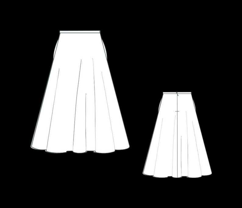 May include: A white skirt with a flared silhouette. The skirt has a waistband and a center back seam.