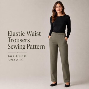Elastic Waist Pants Sewing Pattern, Straight Leg PDF, Pockets, Sizes 2-30