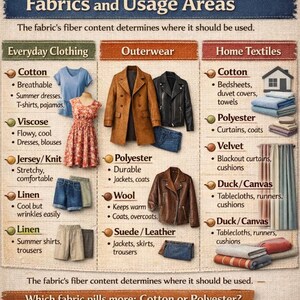 K&ouml;nnte beinhalten: Informative Grafik, die Stoffarten und ihre Verwendung zeigt. Kategorien sind Alltagskleidung, Oberbekleidung und Heimtextilien. Beispiele f&uuml;r Stoffe sind Baumwolle, Polyester, Wolle und Leinen, mit zugeh&ouml;riger Kleidung und Heimtextilien.
