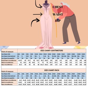 May include: A size chart graphic featuring a dress on a mannequin with arrows pointing to the chest, waist, and hip areas. The chart includes two tables labeled SIZE CHART-CENTIMETERS and SIZE CHART-INCH, detailing measurements for US sizes 2 to 30.