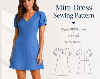 v neck skater dress pattern V-neck Skater Dress PDF Sewing Pattern: Women's A-line Mini Dress