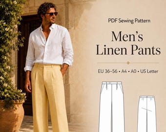 Leinenhose für Herren, Sommerhose (PDF), Schnittmuster für weite Hosen, Größen 36–56, A4–A0