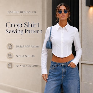 Cropped Shirt Sewing Pattern PDF, Fitted Button Up Blouse, US 0-30
