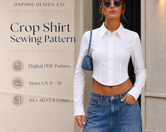 Cropped Shirt Sewing Pattern PDF, Fitted Button Up Blouse, US 0-30