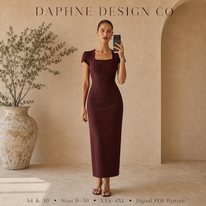 Może przedstawiać: Ciemnobordowa sukienka do ziemi z kwadratowym dekoltem i krótkimi rękawami. Tekst DAPHNE DESIGN CO znajduje się na górze, a A4 & A0 • Sizes 0-30 • XXS-4XL • Digital PDF Pattern na dole tej prezentacji odzieży.