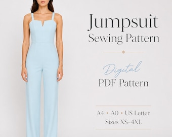 Jumpsuit Sewing Pattern, Wide Leg PDF Pattern, XS-4XL, A4 A0 US Letter