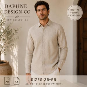 Men’s Linen Shirt Sewing Pattern PDF, Long Sleeve Button Up, A4 A0, Sizes 36-56