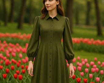 Vintage Shirt Dress Sewing PDF Pattern | Puff Sleeves, Midi (XS-4XL)
