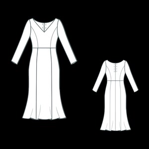 K&ouml;nnte beinhalten: Strichzeichnung von zwei Kleidern mit langen &Auml;rmeln. Das gr&ouml;&szlig;ere Kleid hat einen V-Ausschnitt mit Zierelement und einen ausgestellten Rock. Das kleinere Kleid spiegelt das Design wider und zeigt den Stil des Kleidungsst&uuml;cks.