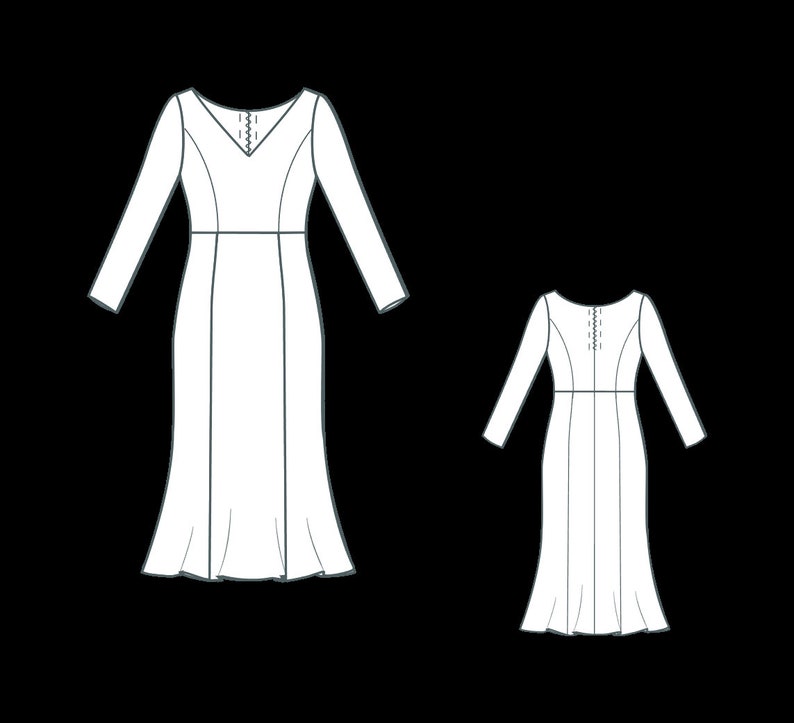 K&ouml;nnte beinhalten: Strichzeichnung von zwei Kleidern mit langen &Auml;rmeln. Das gr&ouml;&szlig;ere Kleid hat einen V-Ausschnitt mit Zierelement und einen ausgestellten Rock. Das kleinere Kleid spiegelt das Design wider und zeigt den Stil des Kleidungsst&uuml;cks.