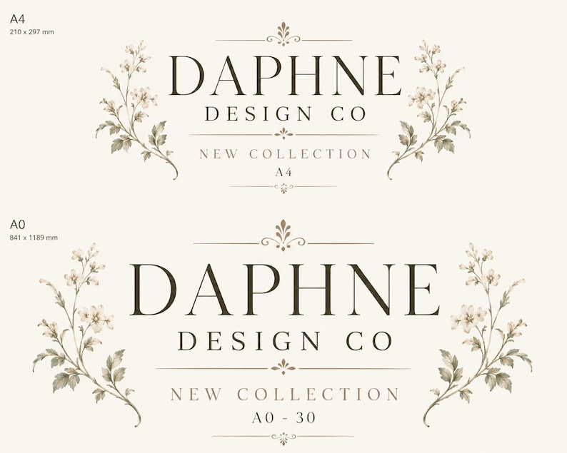 Op de afbeelding: Twee grafische ontwerpsjablonen met het label DAPHNE DESIGN CO NEW COLLECTION. Het bovenste sjabloon is gemarkeerd met A4 210 x 297 mm en het onderste met A0 841 x 1189 mm. Beide bevatten donkerbruine tekst en botanische bloemillustraties.