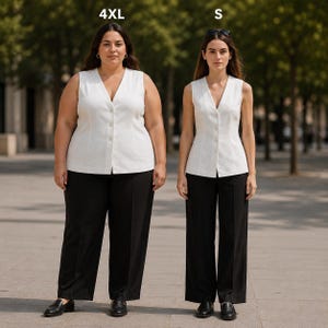 May include: Two women wearing white sleeveless vests and black pants. The vest has a V-neck and button closure. One woman is wearing a 4XL size, and the other is wearing a size S. Both are wearing black shoes.