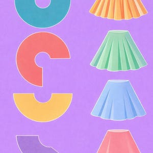 May include: An abstract illustration on a purple background features colorful geometric shapes and pleated skirts. The shapes include a blue circle with a hole, a red C-shape, a yellow crescent, and a purple arc. The skirts are orange, green, blue, and pink.