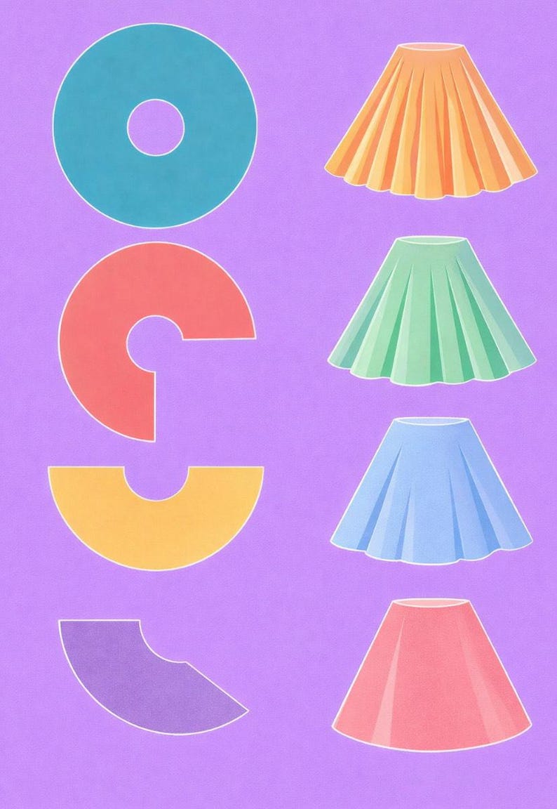May include: An abstract illustration on a purple background features colorful geometric shapes and pleated skirts. The shapes include a blue circle with a hole, a red C-shape, a yellow crescent, and a purple arc. The skirts are orange, green, blue, and pink.