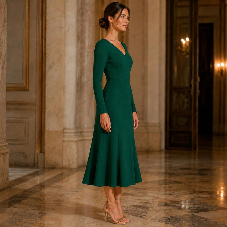K&ouml;nnte beinhalten: Ein smaragdgr&uuml;nes Kleid mit langen &Auml;rmeln, V-Ausschnitt und ausgestelltem Rock. Das Kleid ist knielang und wird mit goldfarbenen High-Heel-Sandalen getragen. Der Hintergrund ist ein gut beleuchteter, verzierter Innenraum mit Marmorboden.