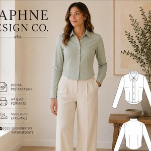 Women's Fitted Shirt Sewing Pattern | Cropped Button Up Blouse | Sizes 2-30 | A4 A0 PDF