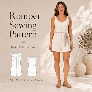 Romper mini Sewing Pattern PDF, Front Zipper Playsuit, XS-4XL(US 2-30)