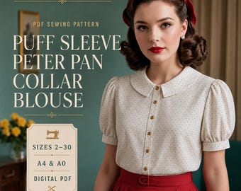 Patroon voor een overhemd met Peter Pan-kraag in vintage-stijl - pofmouwen, maten 2-30, eenvoudig te naaien